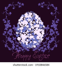 Easter egg made from white and lilac flowers. Flower wreath. Lettering. Square festive background.