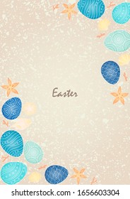 Easter egg with marine life frame on abstract sand beach background for decoration on Easter festival