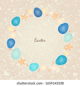 Easter egg with marine life frame on abstract sand beach background for decoration on Easter festival