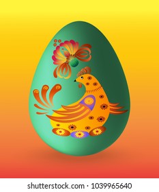 Easter egg with a merry chicken and a red flower
