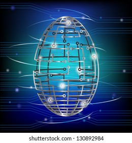 Osterei für das moderne Zeitalter. Wire-Frame-Ei in Form einer rotierenden Leiterplatte auf elektronischem Hintergrund. EPS10 Vektorformat.