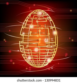 Easter egg for the modern age. Wireframe egg in form of a rotating circuit board over electronic background. EPS10 vector format.