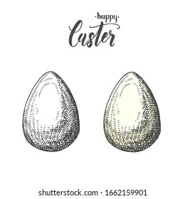Easter egg in monochrome and color in Sketch style. Hand made lettering -happy Easter.  Vector engraving illustration. 
