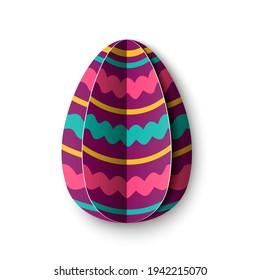 Easter Egg multi colored ornate in paper cut style isolated on white background. Lilac paper origami technique and trendy design. Vector illustration.