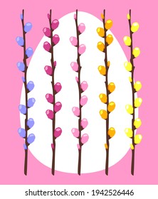 easter egg and multicolored pussy willow on a pink background
