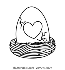 easter egg in a nest doodle outline on white background