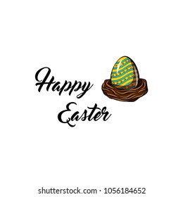 Easter egg. Easter nest. Greeting card. Painted color egg. Happy Easter text. Vector illustration