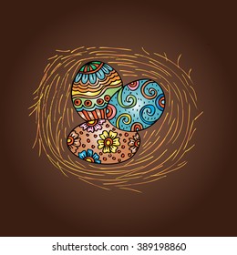 Easter egg in nest. Hand drawing illustration