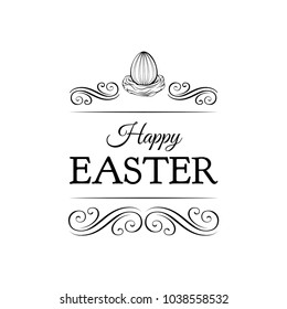 Easter egg in a nest with text - Happy Easter. Swirls, ornate frames and filigree elements. Vector illustration isolated on white background.