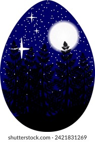 Huevo de Pascua con cielo nocturno y patrón forestal, vector.