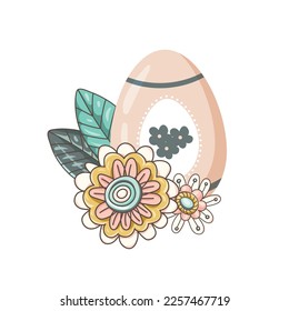 Easter egg on a background of bright flowers and leaves, isolated on a white background. This Easter egg is decorated with hearts. Hand-drawn. Vector illustration.