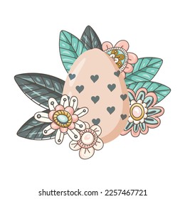 Easter egg on a background of bright flowers and leaves, isolated on a white background. This Easter egg is decorated with hearts. Hand-drawn. Vector illustration.