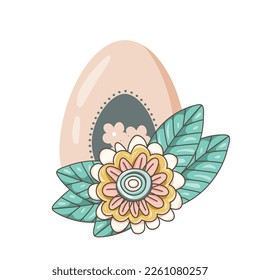 Easter egg on a background of bright flowers and leaves, isolated on a white background. This Easter egg is decorated with hearts. Hand-drawn. Vector illustration.