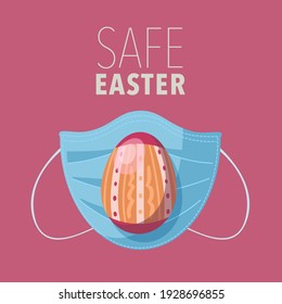 Easter egg on the background of a medical mask with a red background. Safe easter concept. Vector illustration. 
