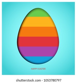 Easter Egg on blue background with colorful spring rainbow. Red Happy Easter greeting text. Bright vector design in paper-cut style.