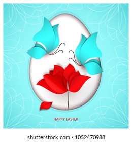 Easter egg on blue color background with two butterflies, flower tulip, poppy or rose with falling petal and holiday congratulation. Easter egg hunt. Paper-cut style.