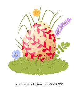 Easter egg on grass lawn. Cartoon painted egg, happy Easter colorful decorative egg flat vector illustration. Traditional spring holiday painted egg card