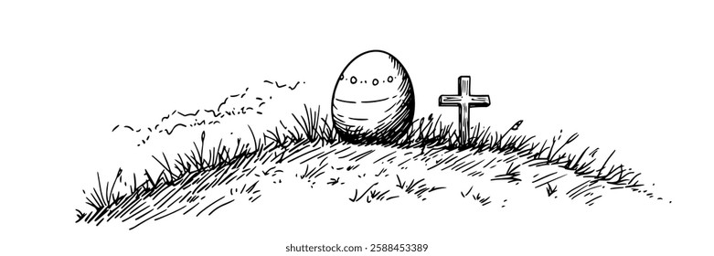 easter egg on a grave with a cross, hand-drawn sketch