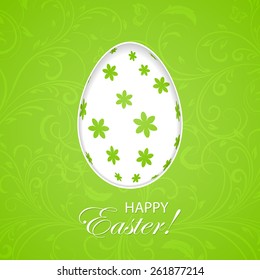 Easter egg on green background with floral elements, illustration.