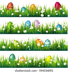 Easter egg on the green grass. Seasonal holidays in April.Flowers.Banner.