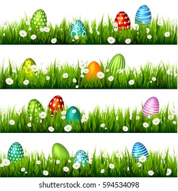 Easter egg on the green grass. Seasonal holidays in April.Flowers.Banner.