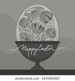 Easter egg on a stand in in black and white colors. Vector poster