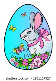 Easter egg on which a rabbit, flowers and butterflies are drawn - vector full-color illustration. Easter bunny with a bow on an egg and spring flowers with butterflies.