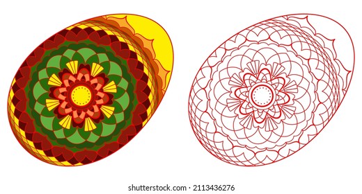 Easter egg with an openwork pattern and a bow on a white background. Decorative element for design. Coloring book for children and adults. Black contour drawing