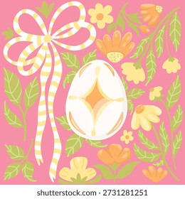 Ovo de Páscoa com flores laranja e amarela e um arco de fita em um fundo rosa. Ilustração de padrão vetorial. Impressão folclórica plana bonito.