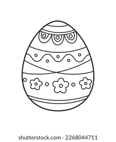 Huevo de Pascua con página de color adorno. Ilustración vectorial en blanco y negro sobre fondo blanco. Página para libro de colorear, anti estrés para niños y adultos. Ornamento con flores, líneas, círculos.