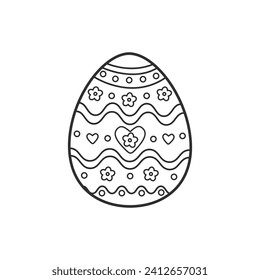 Easter egg with ornament. Coloring page for coloring book, antistress for kids and adults. Black and white vector illustration on white background. Ornament with flowers, lines, circles, hearts.