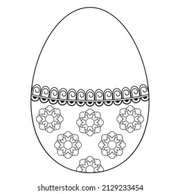 Easter egg with ornament and flowers on a white background. Decorative element for the design of postcards. Coloring book for kids