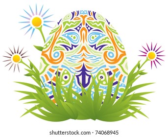 Easter egg with an ornament in the fresh grass vector illustration