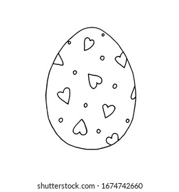Huevo de Pascua con un adorno de corazones. Dibujo simple en blanco y negro. Libro de colorear para niños. Imagen vectorial.