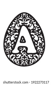 Osterei mit Ornament und Buchstabe "A". Dekorative Elemente für Papier, Holz und andere Schnitte. Schwarz auf weißem Hintergrund
