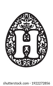 Easter egg with ornament and letter "H". Decorative element for paper, wood and other material cut. Black basis on white background