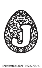 Osterei mit Ornament und Buchstabe "J". Dekorative Elemente für Papier, Holz und andere Schnitte. Schwarz auf weißem Hintergrund