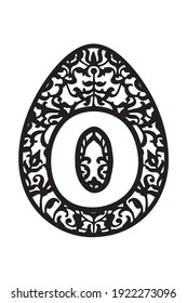 Huevo de Pascua con ornamento y letra "O". Elemento decorativo para el papel, la madera y otros materiales cortados. Base negra sobre fondo blanco