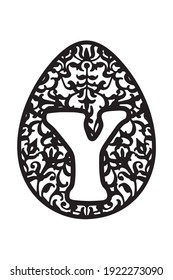 Easter egg with ornament and letter "Y". Decorative element for paper, wood and other material cut. Black basis on white background