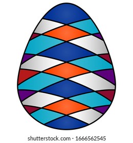 Ilustración vectorial de color de un huevo blanco de Pascua con un adorno brillante en forma de hombros multicolores. Fondo aislado. Idea para pegatinas, libros, revistas. Impresión de vacaciones.