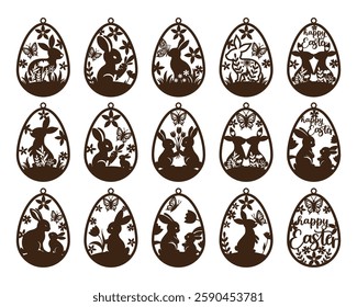 Easter egg ornaments design with bunny and flowers.  Easter Laser Cut Template for Cutting machine.