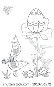 Easter egg with ornaments, flowers and birds on a white background. Coloring book for children and adults