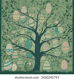 Easter egg ornaments hanging on tree, vector illustration, Beautiful garden tree decorated with Easter eggs in different colors and patterns