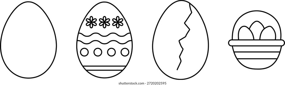 Easter Egg Outline Icons Set Decorated, Cracked Egg and Basket Line Vector