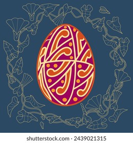 An Easter egg and an outline image of flowers creates a festive mood. Can be used for greeting cards, packaging printing

