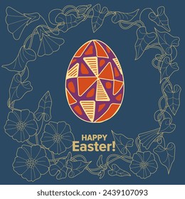 An Easter egg and an outline image of flowers creates a festive mood. Can be used for greeting cards, packaging printing

