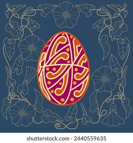 An Easter egg and an outline image of flowers creates a festive mood. Can be used for greeting cards, packaging printing
