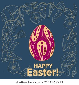 An Easter egg and an outline image of flowers creates a festive mood. Can be used for greeting cards, packaging printing
