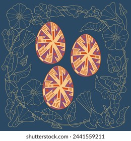 An Easter egg and an outline image of flowers creates a festive mood. Can be used for greeting cards, packaging printing
