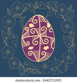 An Easter egg and an outline image of flowers creates a festive mood. Can be used for greeting cards, packaging printing